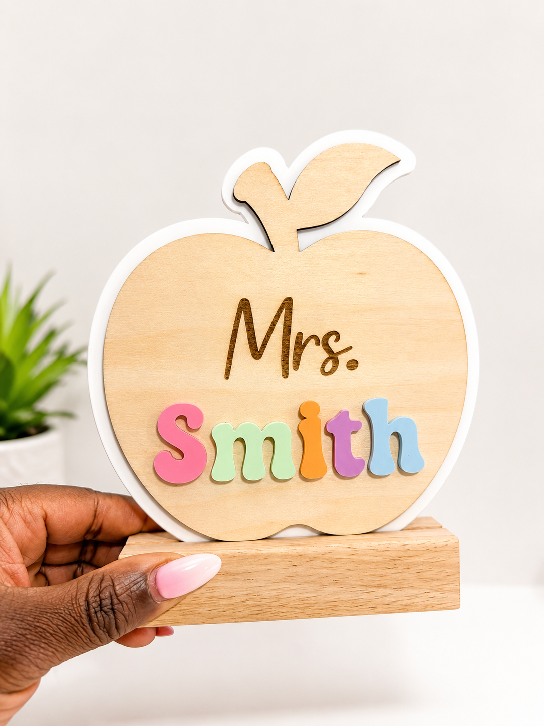 Personalized Teacher Apple Name Sign with Stand | Layered Acrylic & Wood Desk Decor