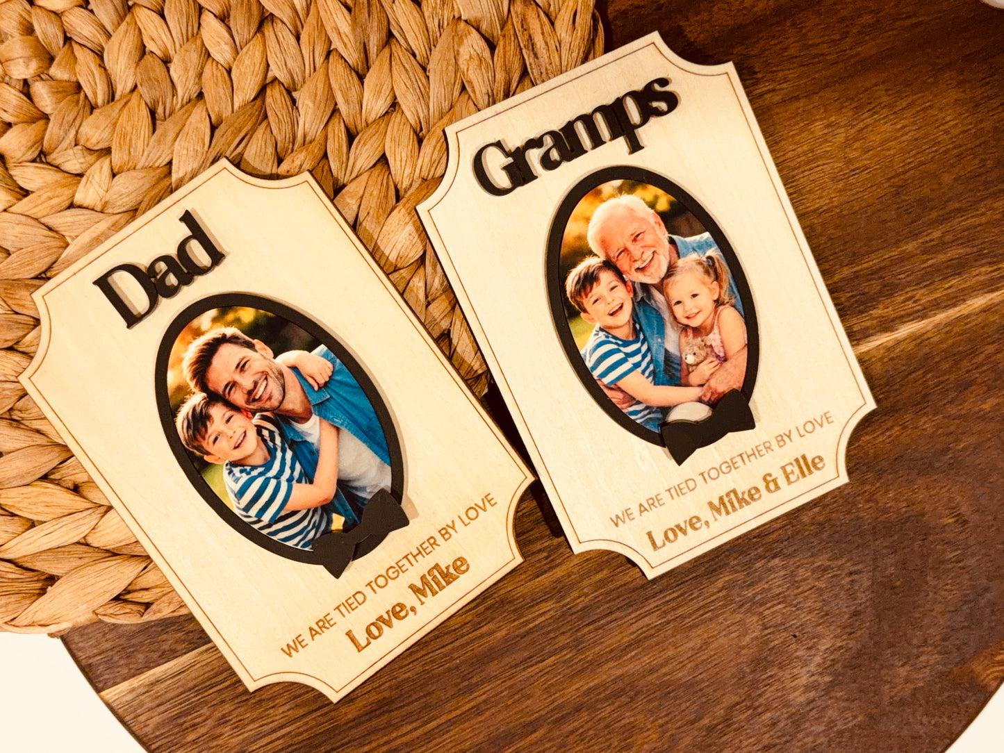 Personalized Wooden Photo Fridge Magnet with 3D Acrylic Bow Detail | Custom Dad & Grandpa Keepsake Gift