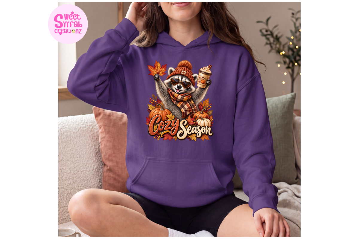 Cozy Season Raccoon Hoodie | Cute Fall Pumpkin Spice Graphic Hoodie