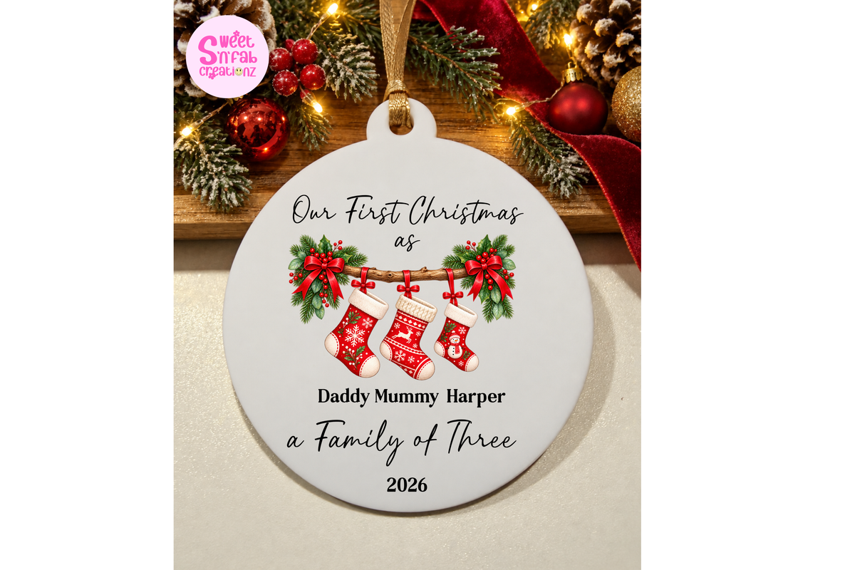 Personalized First Christmas as a Family of 3 Stocking Ornament
