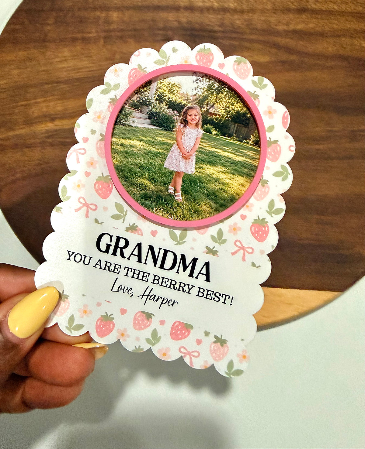 Personalized Strawberry Garden Photo Fridge Magnet | Scalloped Acrylic Keepsake