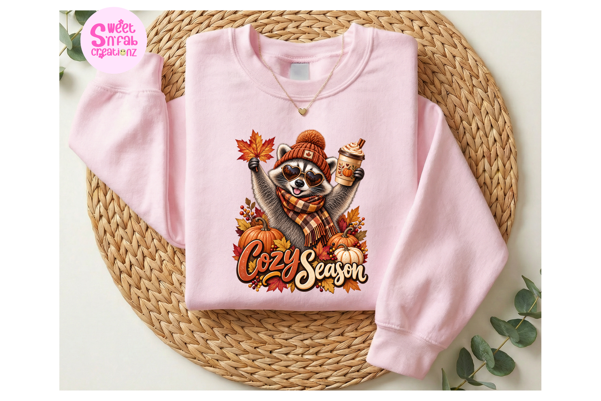 Cozy Season Raccoon Sweatshirt | Cute Fall Pumpkin Spice Graphic Sweatshirt