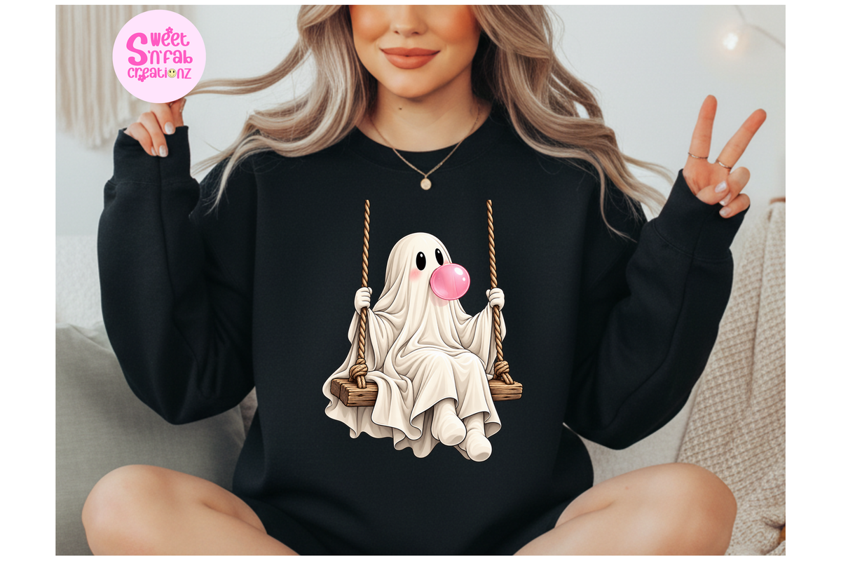 Cute Bubblegum Ghost on Swing Sweatshirt | Girly Halloween Graphic Sweatshirt