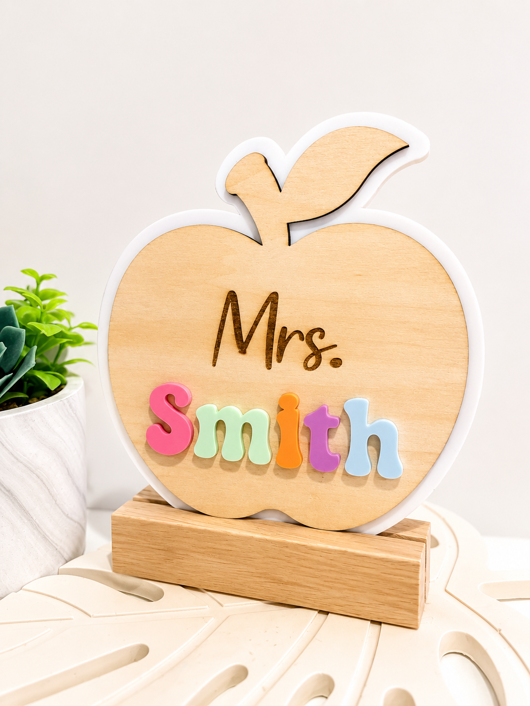 Personalized Teacher Apple Name Sign with Stand | Layered Acrylic & Wood Desk Decor