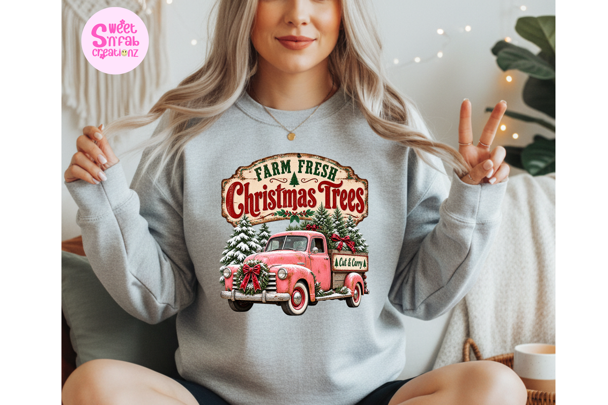 Farm Fresh Christmas Trees Sweatshirt | Vintage Pink Truck Holiday Graphic Crewneck