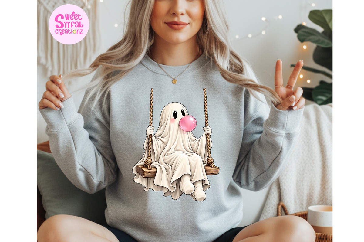 Cute Bubblegum Ghost on Swing Sweatshirt | Girly Halloween Graphic Sweatshirt