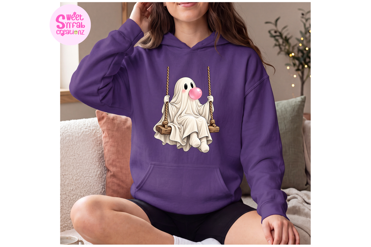 Cute Bubblegum Ghost on Swing Hoodie | Girly Halloween Graphic Hoodie