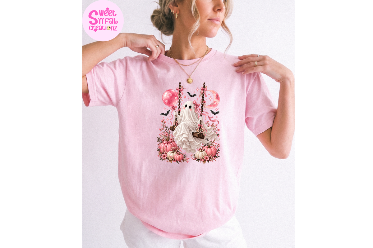 Cute Floral Ghost Swing T-Shirt | Girly Halloween Pumpkin Graphic Tee