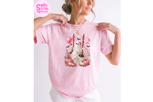 Cute Floral Ghost Swing T-Shirt | Girly Halloween Pumpkin Graphic Tee