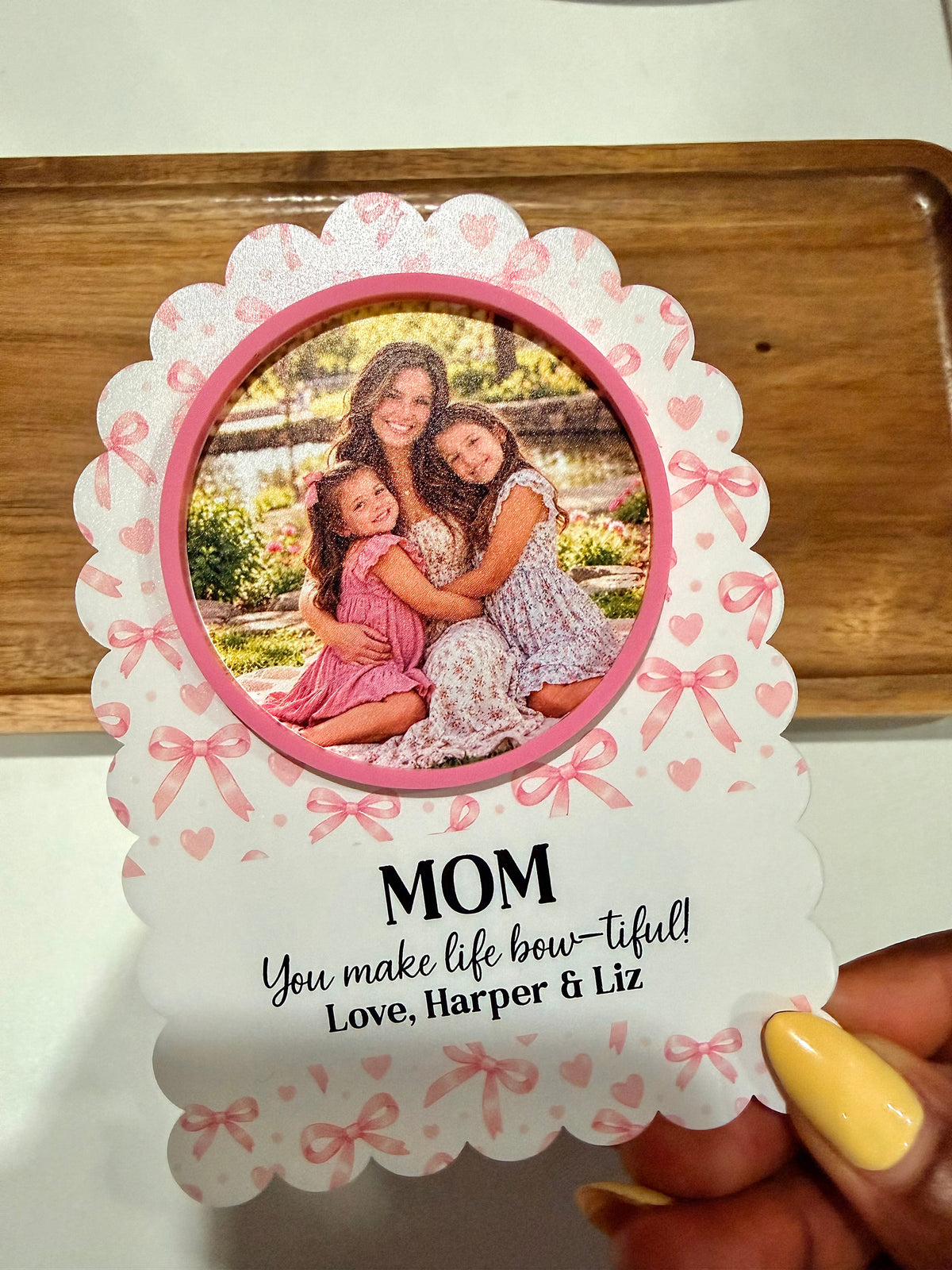 Personalized Pink Bow & Heart Photo Fridge Magnet | Scalloped Acrylic Keepsake