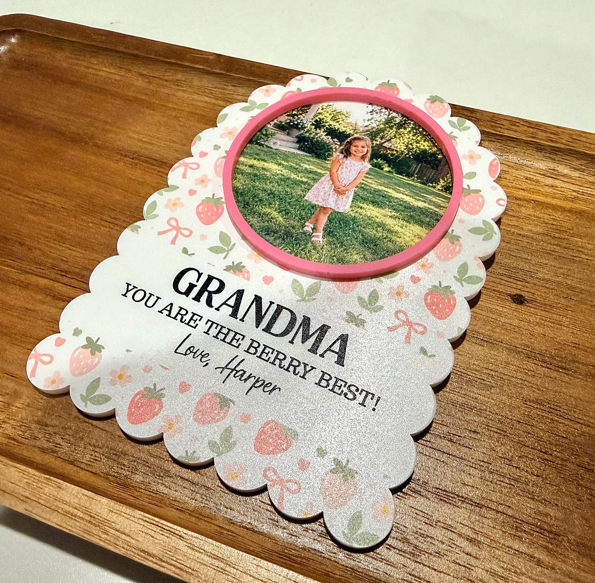 Personalized Strawberry Garden Photo Fridge Magnet | Scalloped Acrylic Keepsake