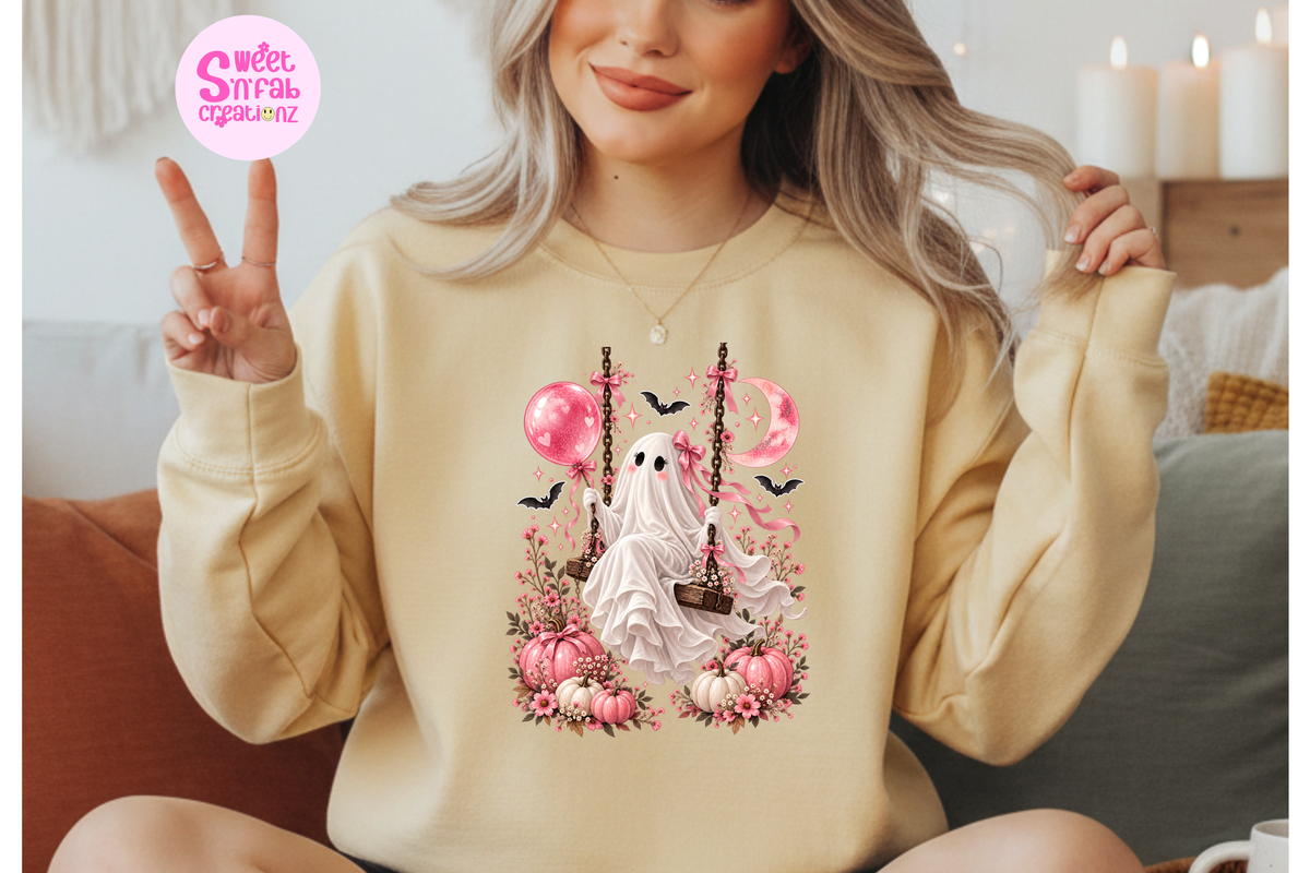Cute Floral Ghost Swing Sweatshirt | Girly Halloween Pumpkin Graphic Sweatshirt