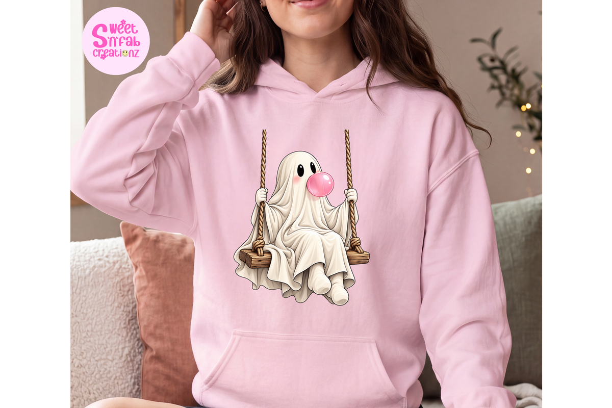 Cute Bubblegum Ghost on Swing Hoodie | Girly Halloween Graphic Hoodie