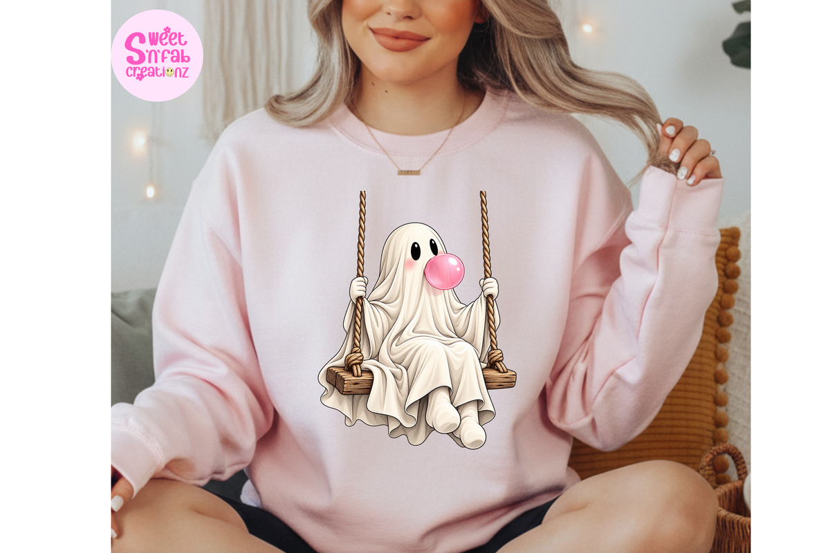 Cute Bubblegum Ghost on Swing Sweatshirt | Girly Halloween Graphic Sweatshirt
