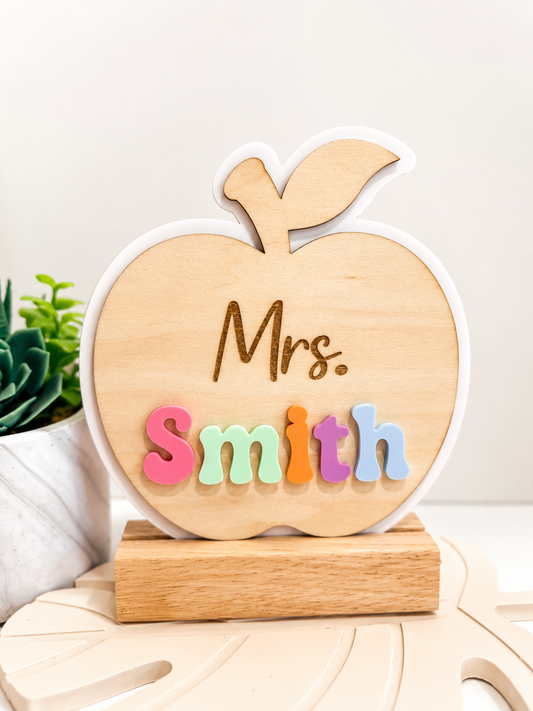 Personalized Teacher Apple Name Sign with Stand | Layered Acrylic & Wood Desk Decor