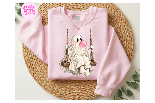 Cute Bubblegum Ghost on Swing Sweatshirt | Girly Halloween Graphic Sweatshirt