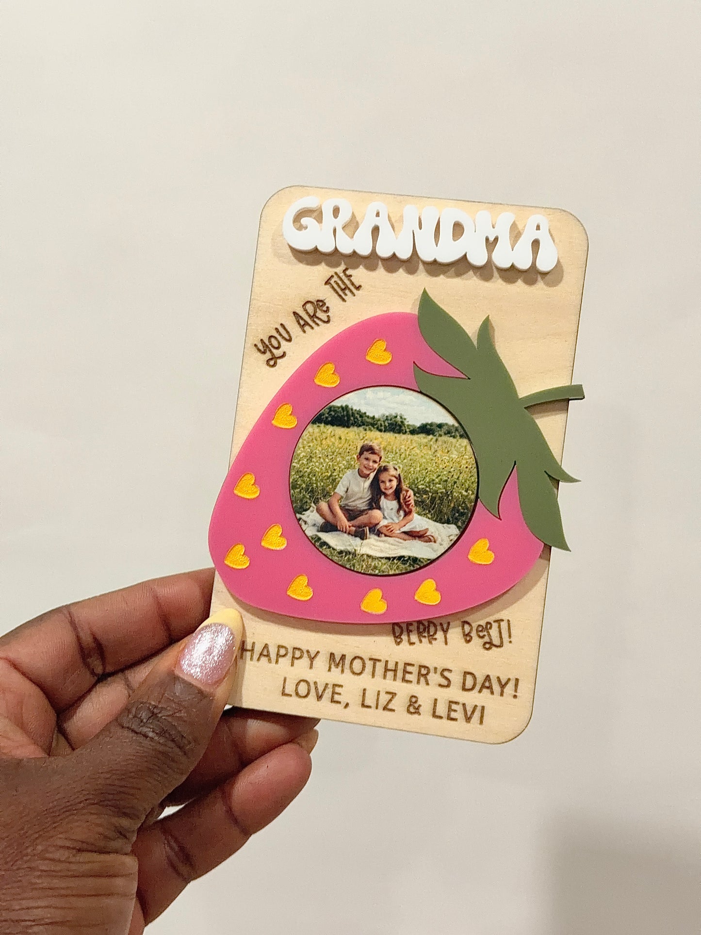 Personalized Strawberry Photo Magnet 🍓  Handmade 3D Wood Keepsake for Mom, Grandma & Nana Grandma Gift