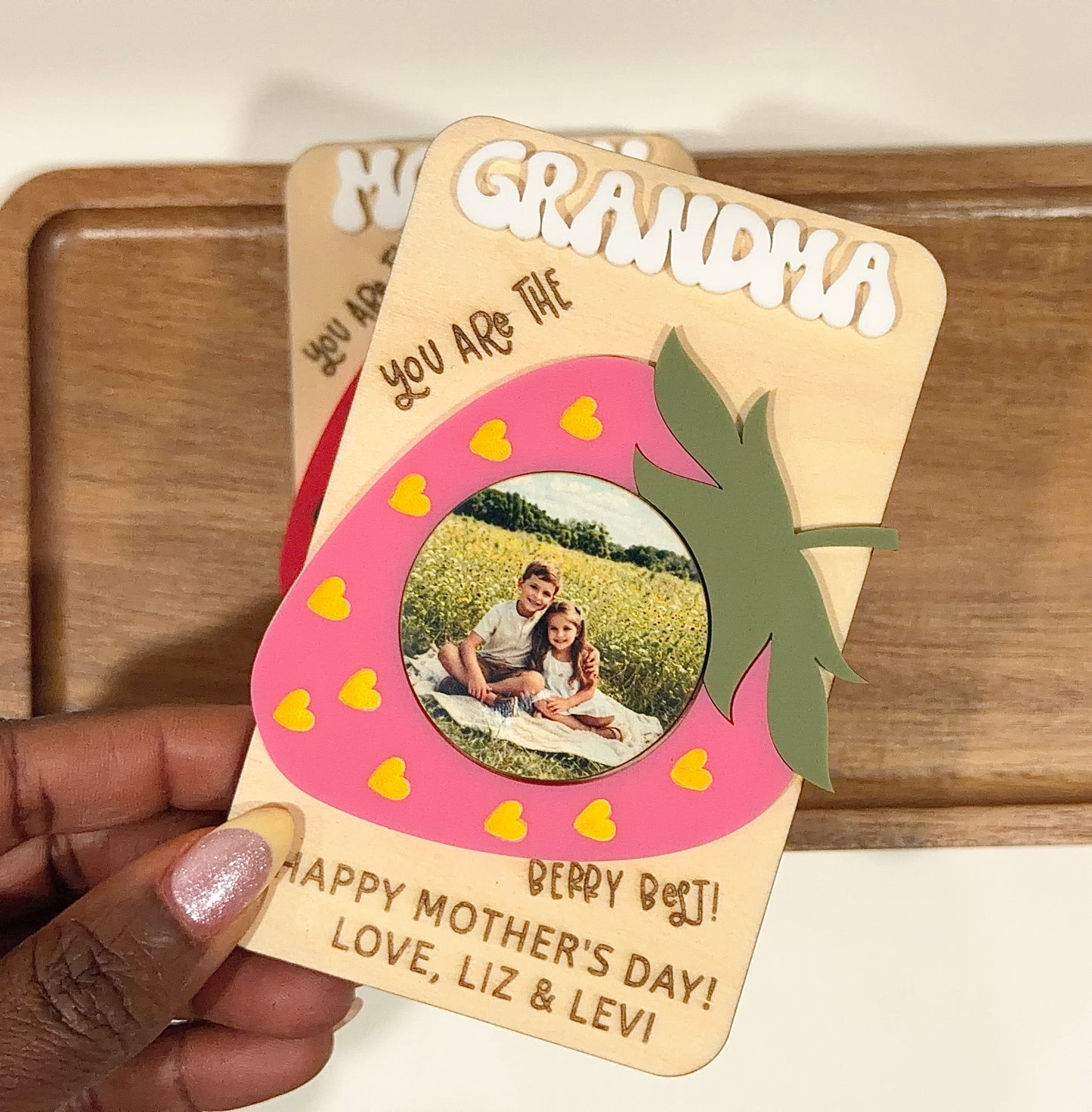 Personalized Strawberry Photo Magnet 🍓  Handmade 3D Wood Keepsake for Mom, Grandma & Nana Grandma Gift