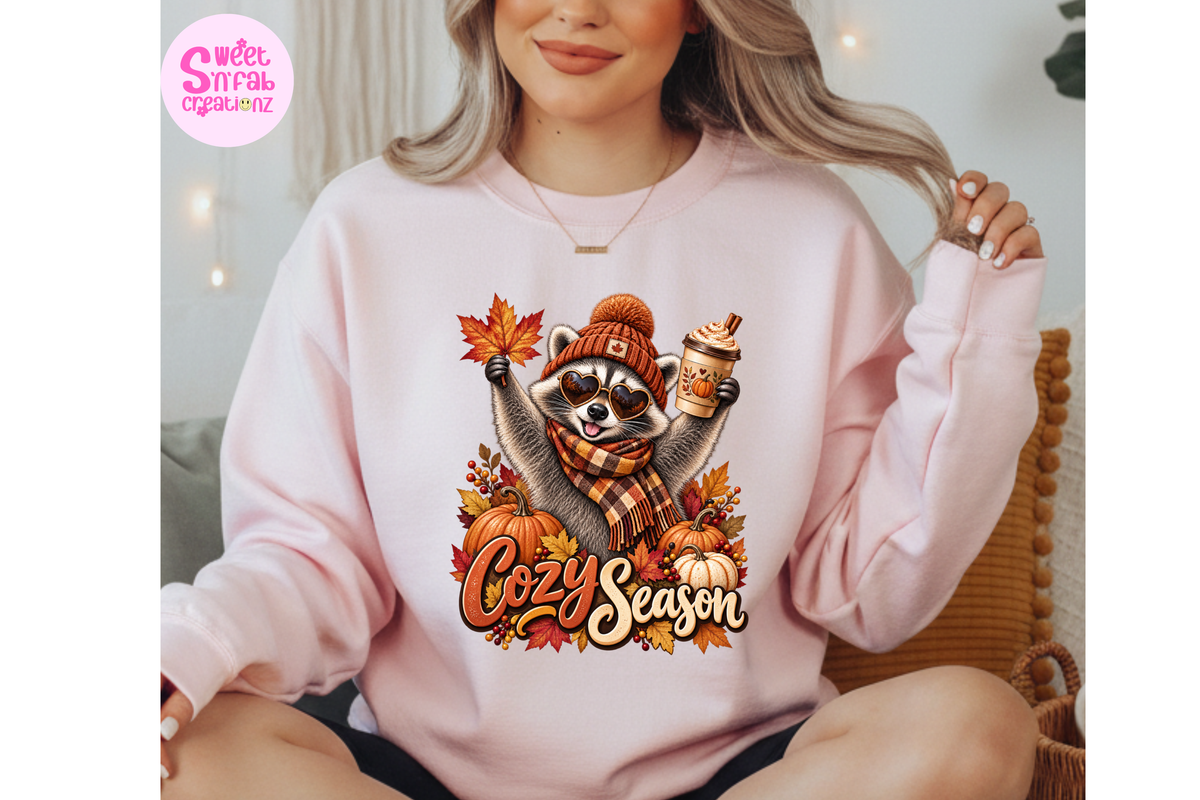 Cozy Season Raccoon Sweatshirt | Cute Fall Pumpkin Spice Graphic Sweatshirt