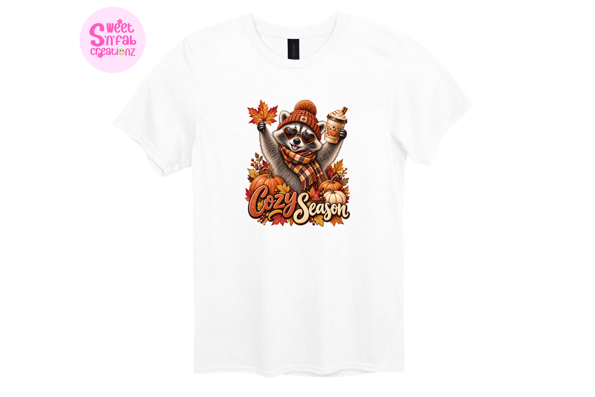 Cozy Season Raccoon T-Shirt | Cute Fall Pumpkin Spice Graphic Tee