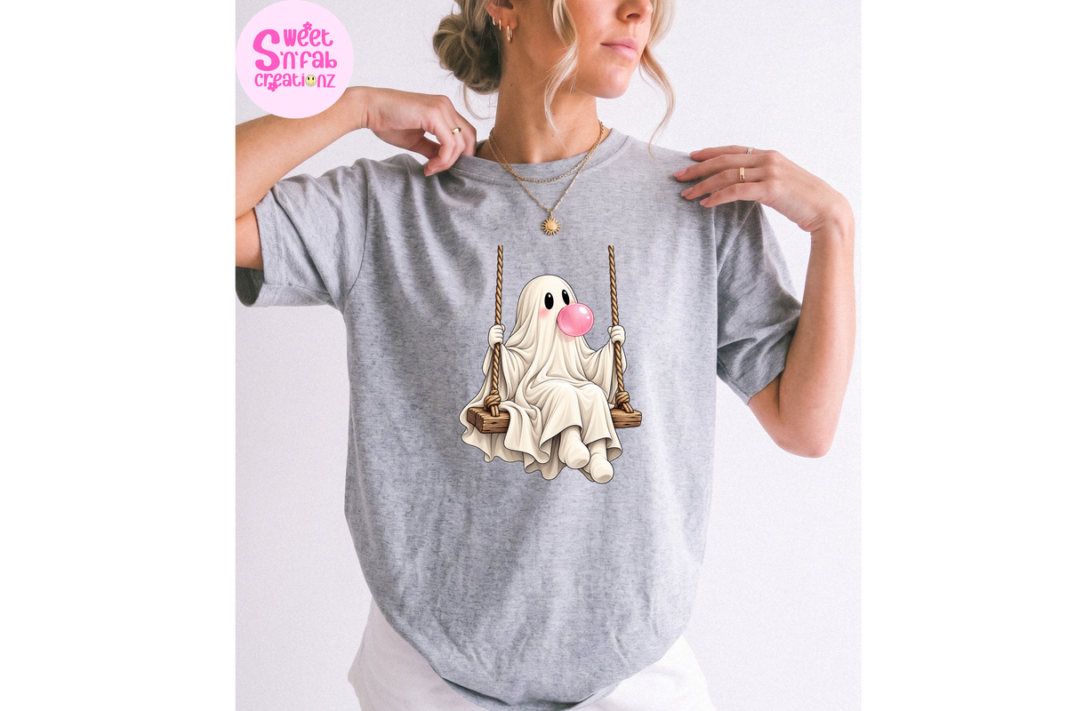 Cute Bubblegum Ghost on Swing T-Shirt | Girly Halloween Graphic Tee
