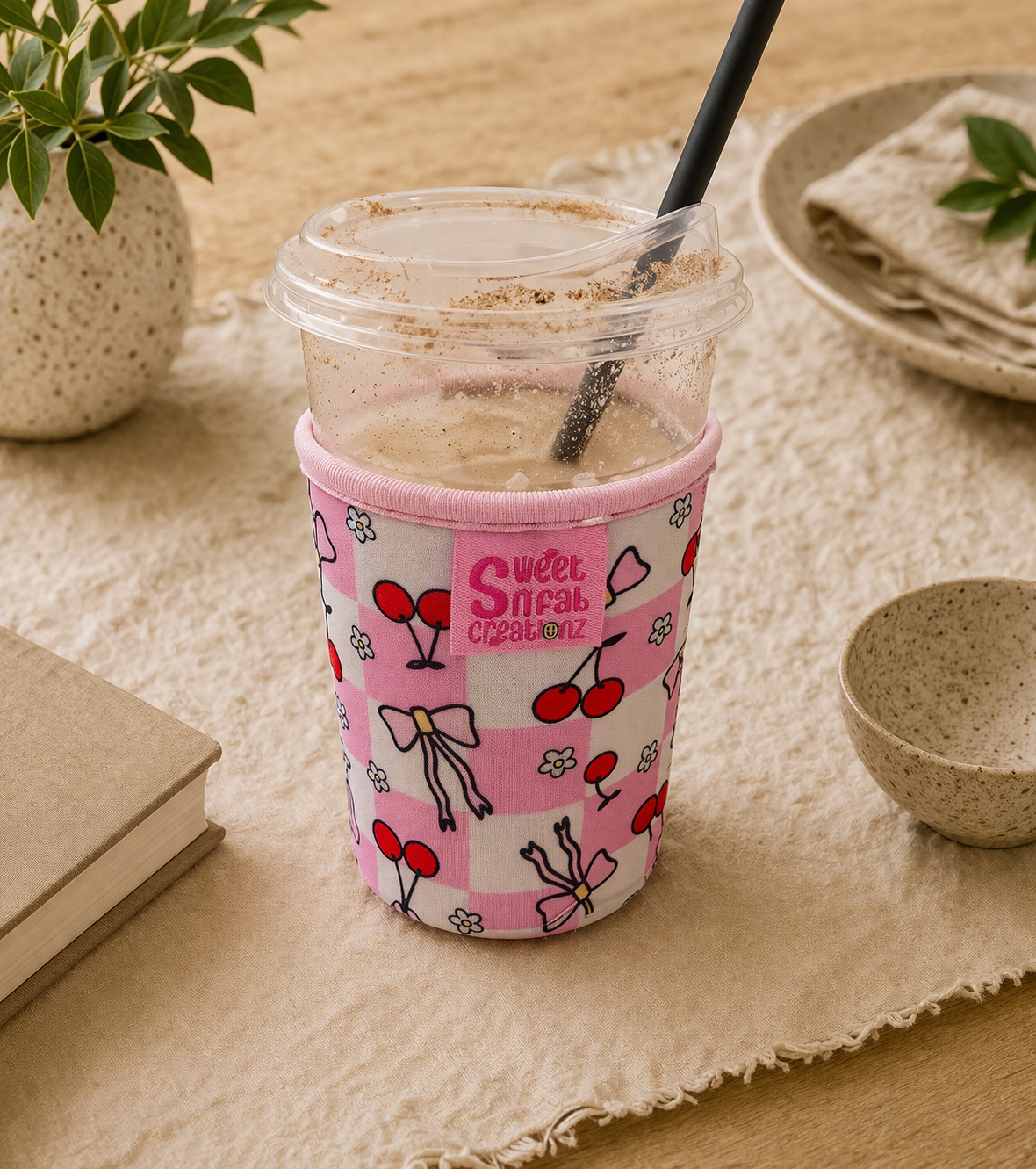 Cup with pink sleeve featuring heart designs on a wooden table.