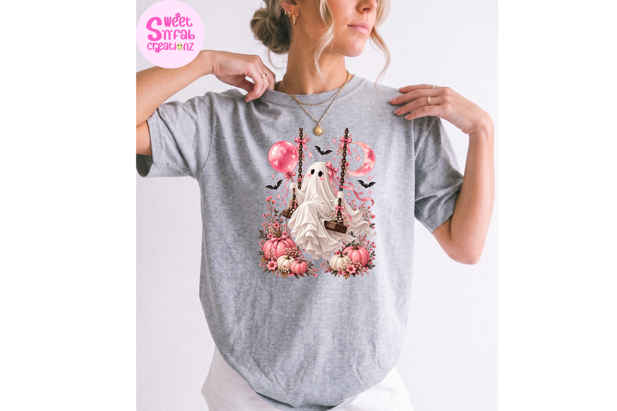 Cute Floral Ghost Swing T-Shirt | Girly Halloween Pumpkin Graphic Tee