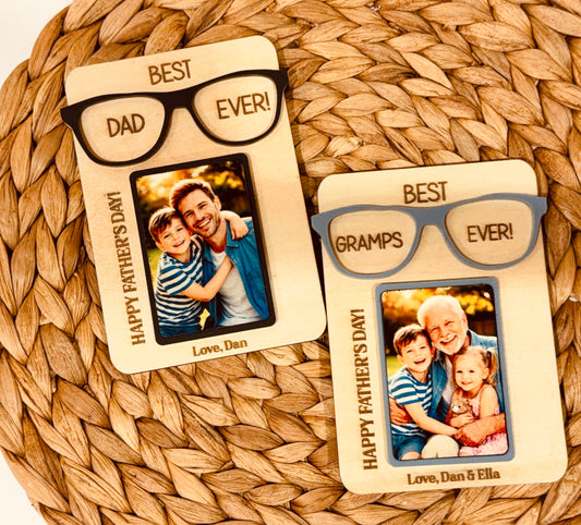 Personalized Best Dad Ever Photo Fridge Magnet with Custom Glasses Color | Wooden Father’s Day Gift for Dad & Grandpa