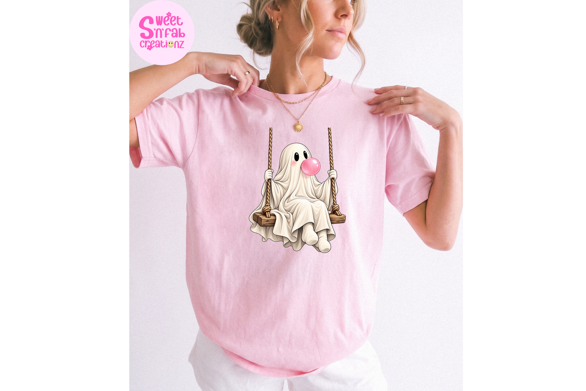 Cute Bubblegum Ghost on Swing T-Shirt | Girly Halloween Graphic Tee