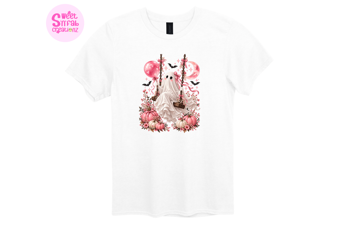 Cute Floral Ghost Swing T-Shirt | Girly Halloween Pumpkin Graphic Tee