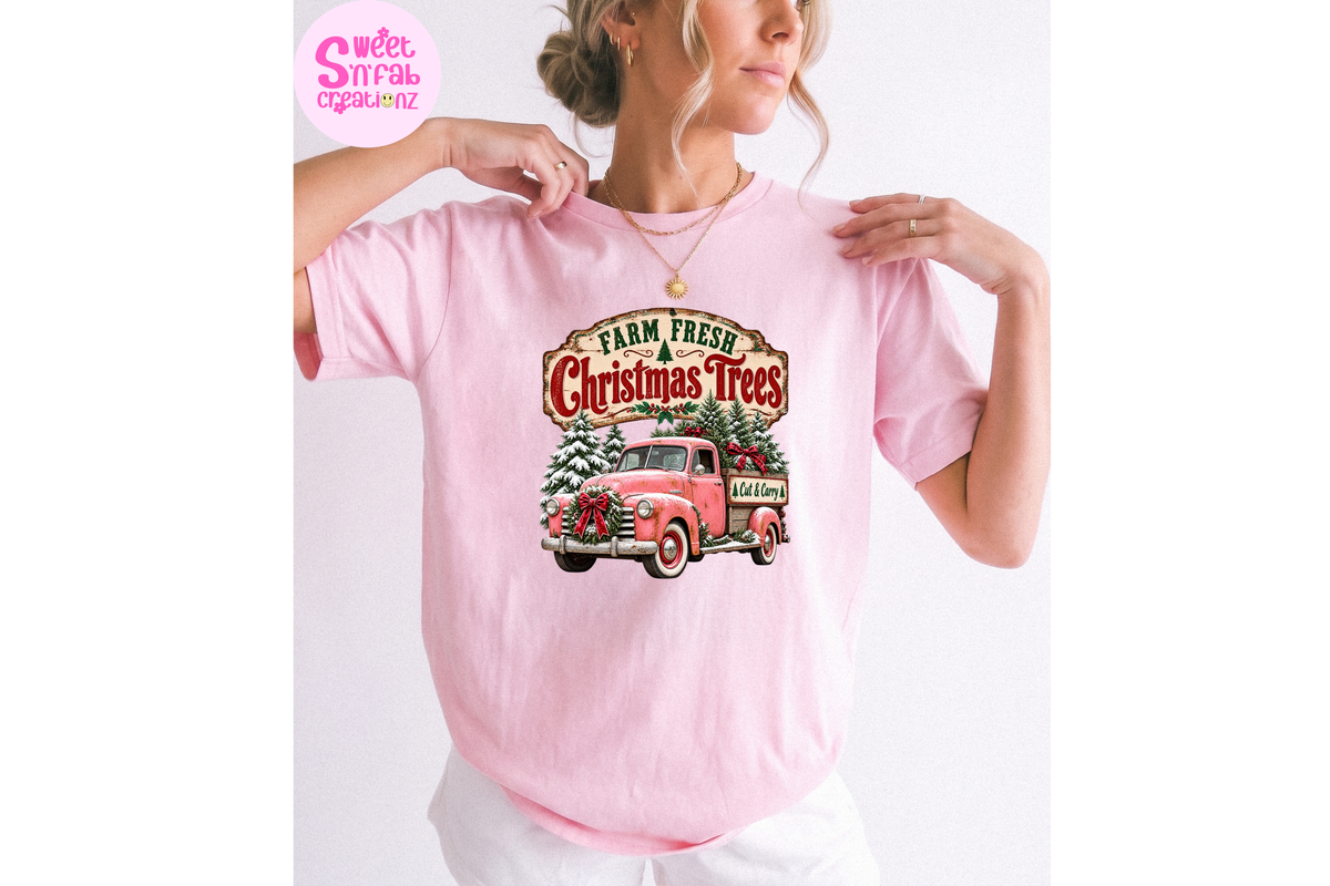 Farm Fresh Christmas Trees T-Shirt | Vintage Pink Truck Holiday Graphic Tee