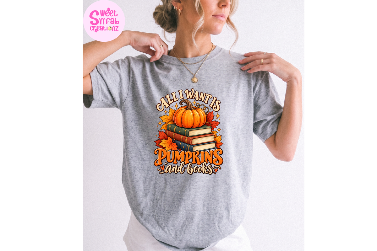 All I Want Is Pumpkins and Books T-Shirt | Cozy Fall Book Lover Graphic Tee