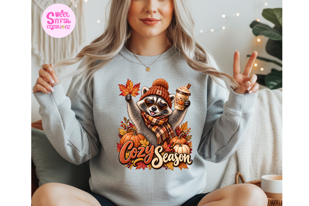 Cozy Season Raccoon Sweatshirt | Cute Fall Pumpkin Spice Graphic Sweatshirt