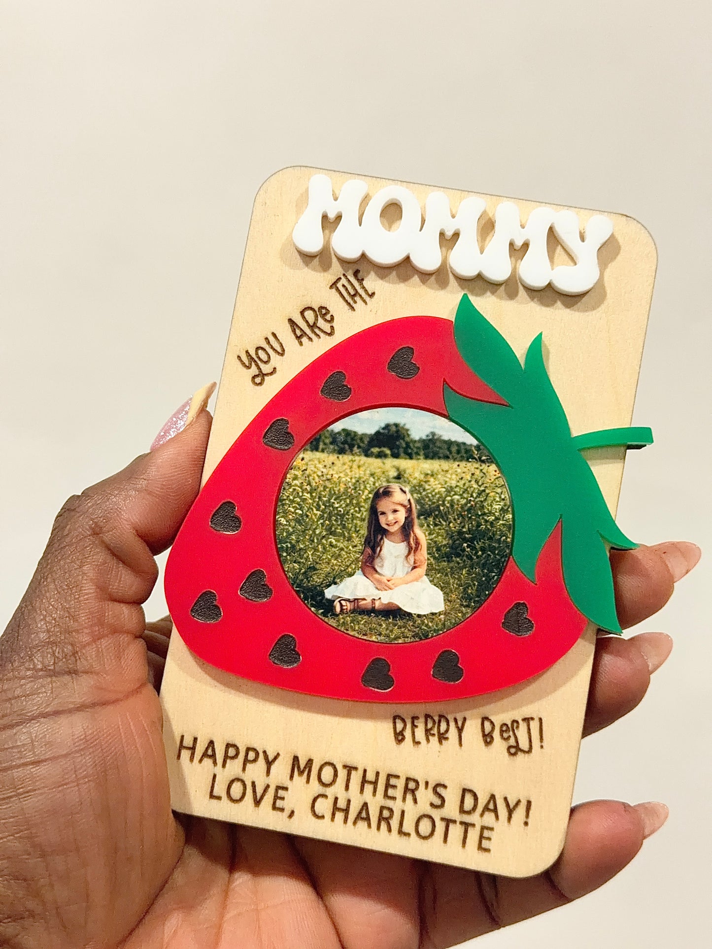 Personalized Strawberry Photo Magnet 🍓  Handmade 3D Wood Keepsake for Mom, Grandma & Nana Grandma Gift