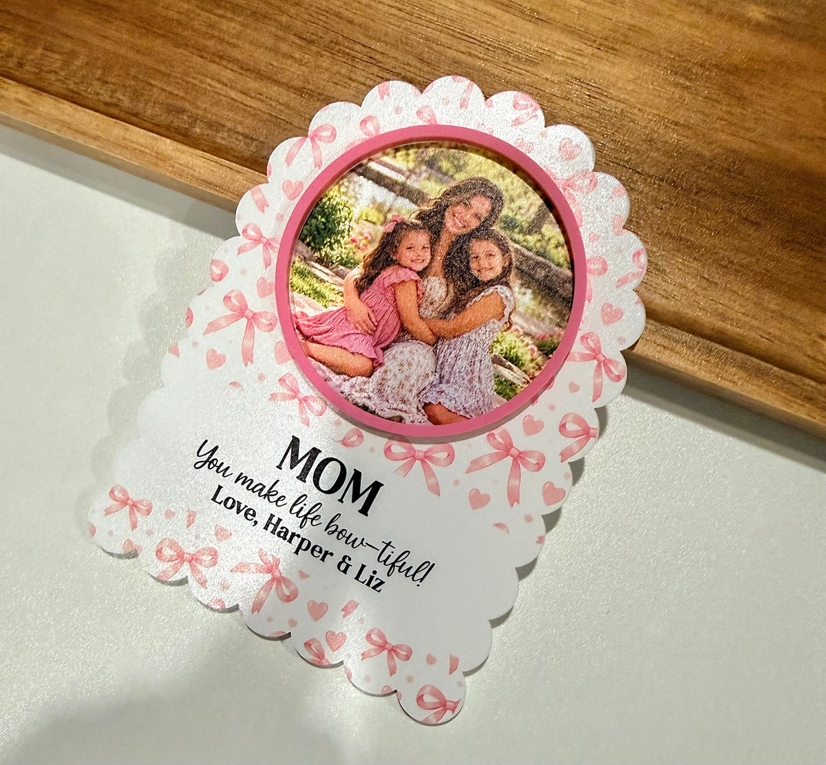 Personalized Pink Bow & Heart Photo Fridge Magnet | Scalloped Acrylic Keepsake