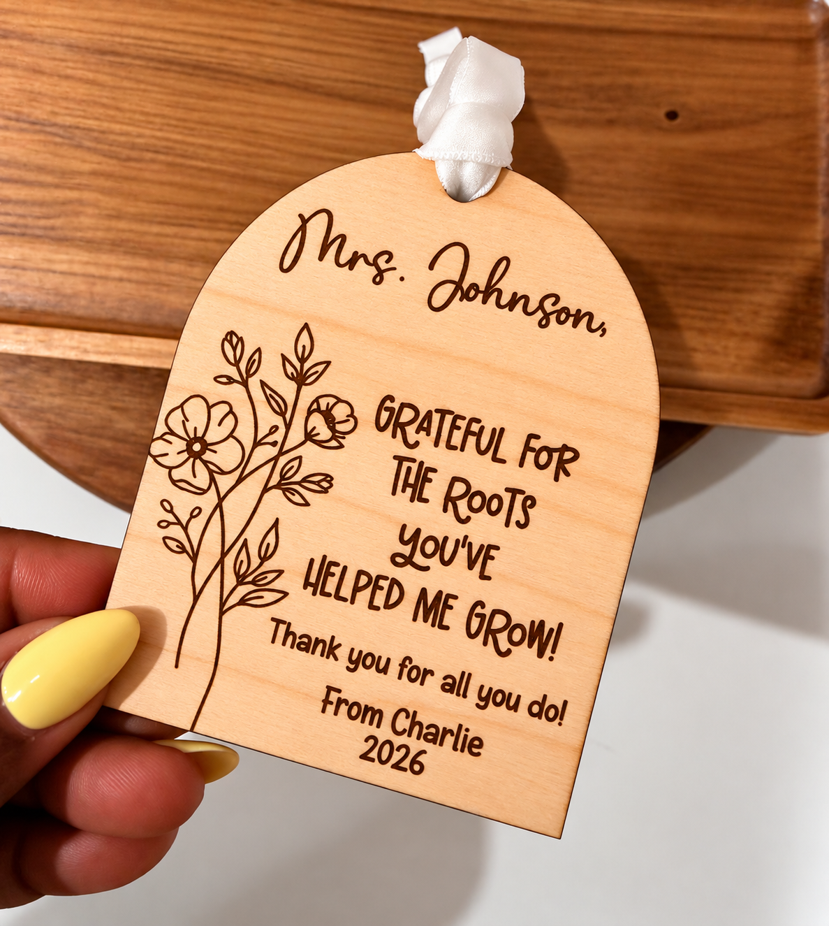 Personalized Teacher Appreciation Wooden Christmas Ornament | Grateful for the Roots You've Helped Me Grow