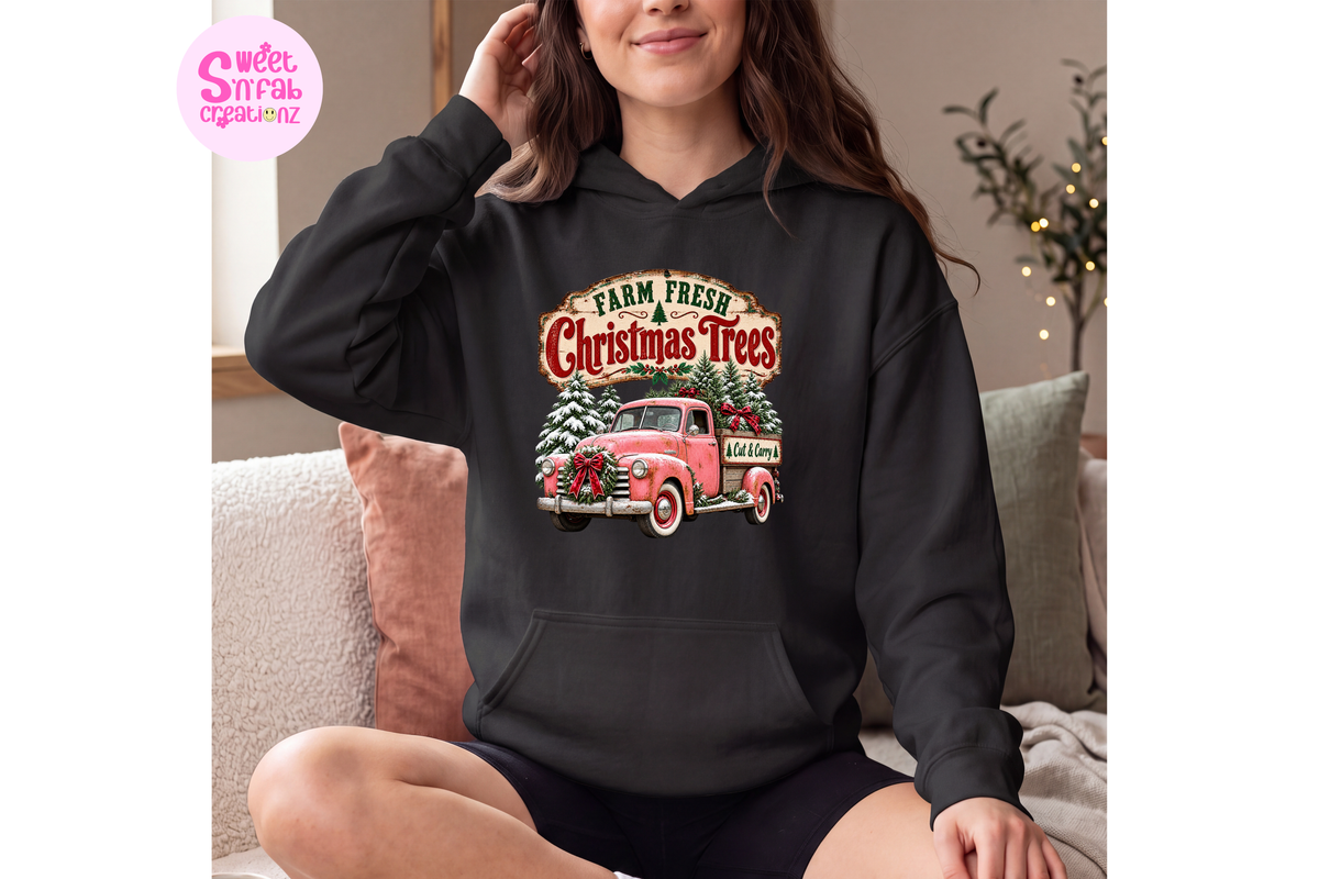 Farm Fresh Christmas Trees Hoodie | Vintage Pink Truck Holiday Graphic Pullover
