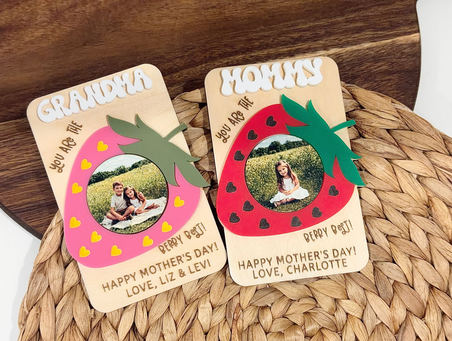 Personalized Strawberry Photo Magnet 🍓  Handmade 3D Wood Keepsake for Mom, Grandma & Nana Grandma Gift