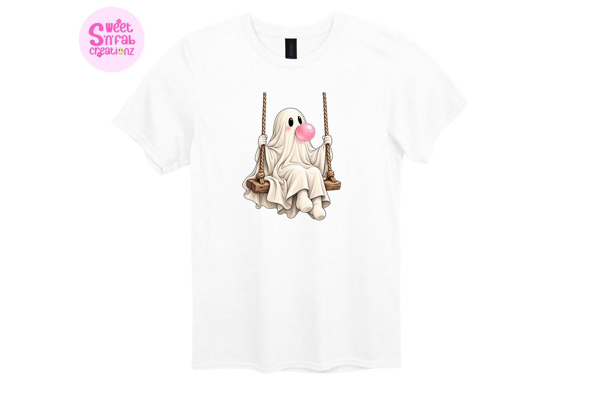 Cute Bubblegum Ghost on Swing T-Shirt | Girly Halloween Graphic Tee