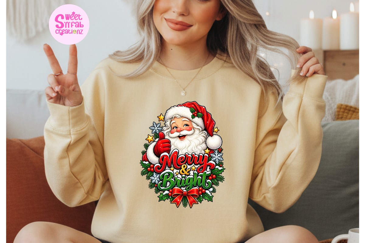 Merry & Bright Santa Christmas Sweatshirt | Festive Holiday Graphic Crewneck