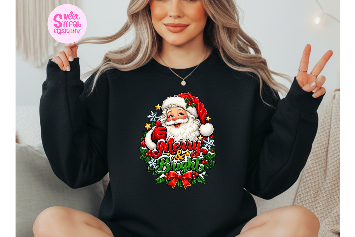 Merry & Bright Santa Christmas Sweatshirt | Festive Holiday Graphic Crewneck