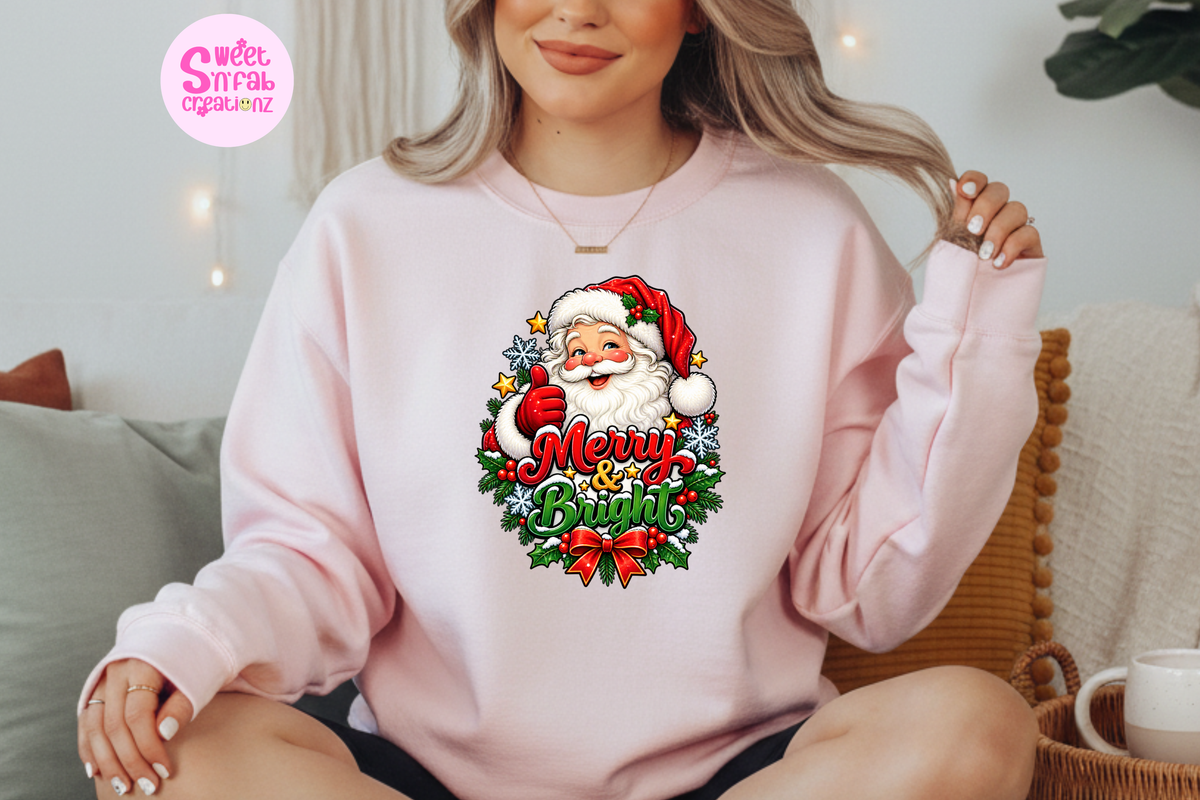 Merry & Bright Santa Christmas Sweatshirt | Festive Holiday Graphic Crewneck