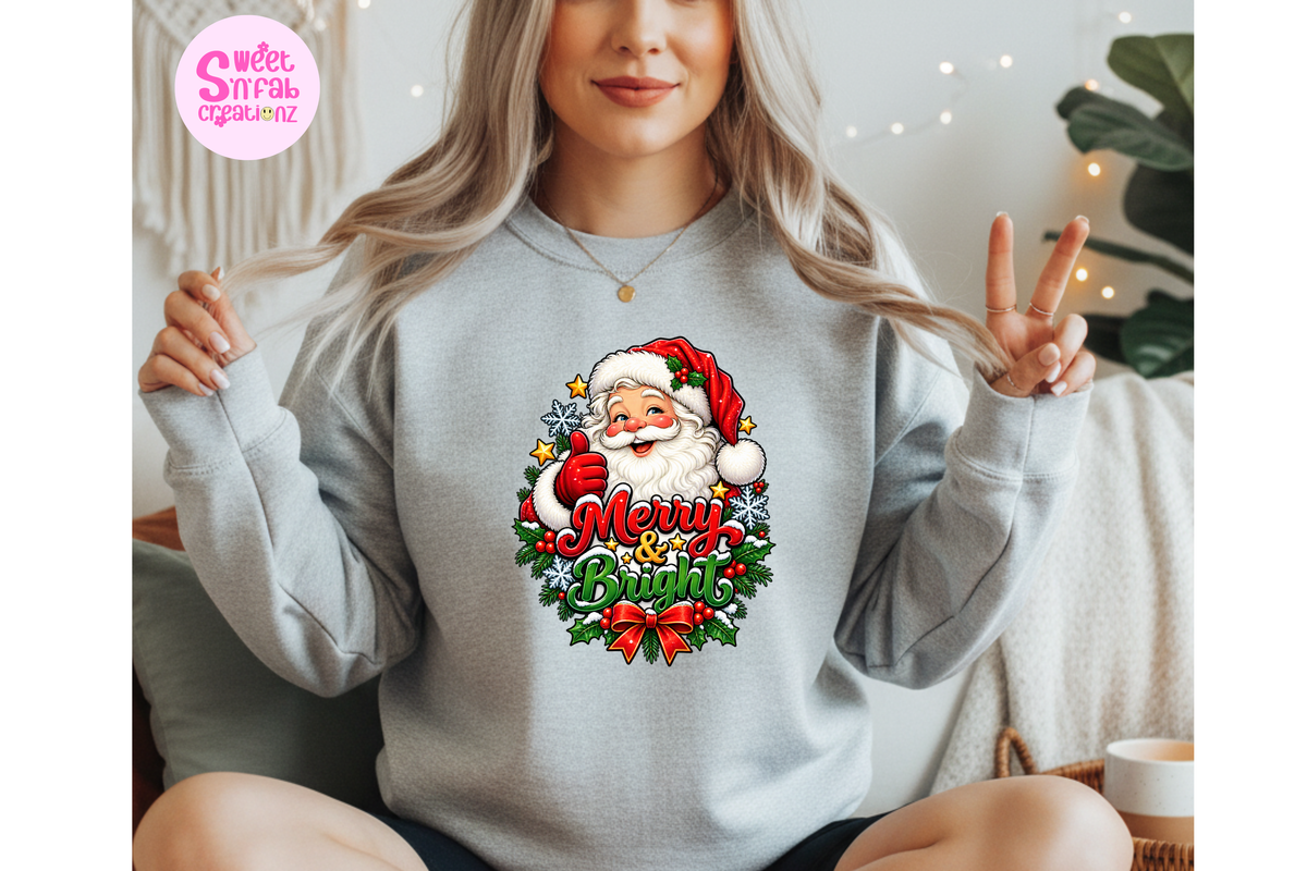 Merry & Bright Santa Christmas Sweatshirt | Festive Holiday Graphic Crewneck