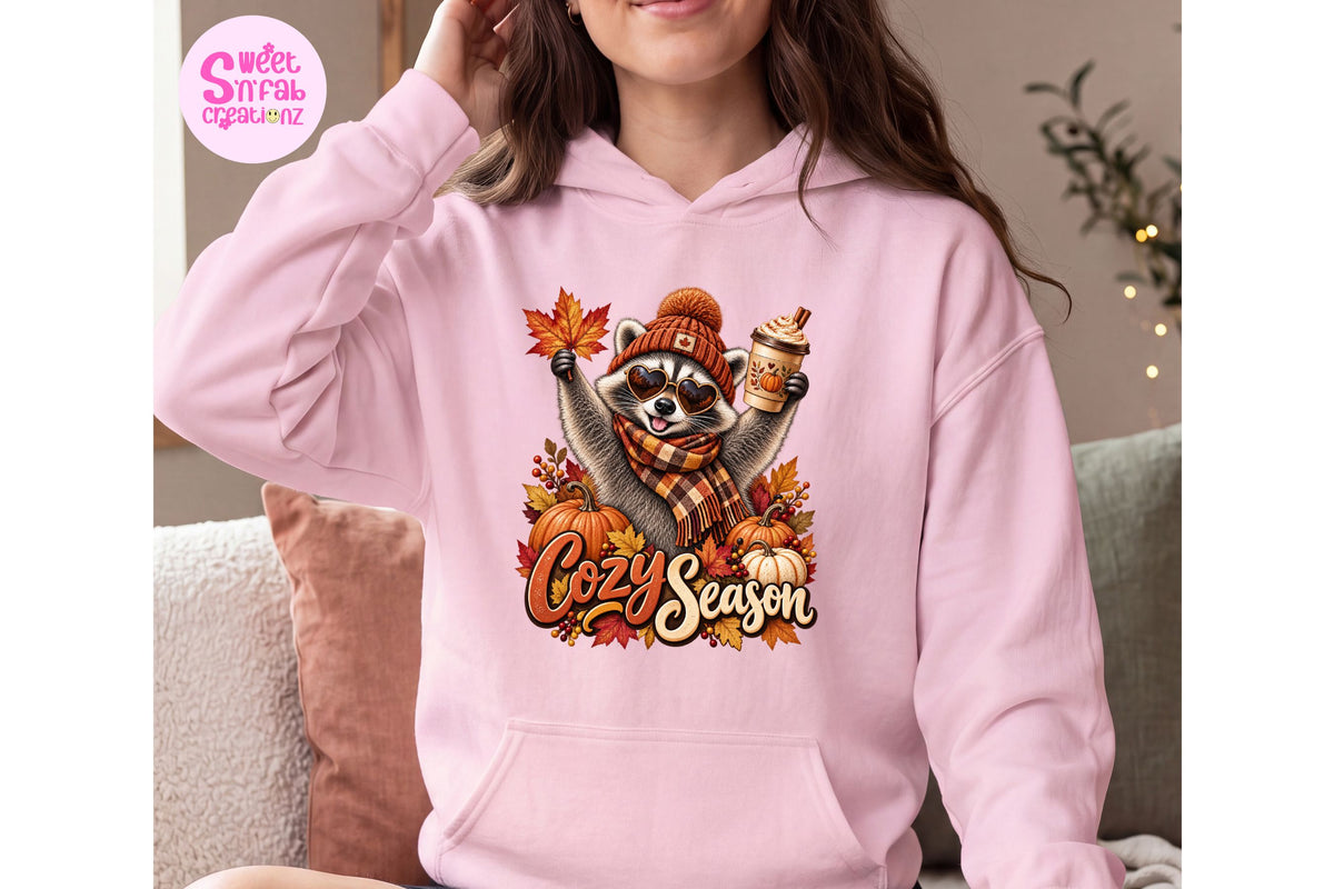 Cozy Season Raccoon Hoodie | Cute Fall Pumpkin Spice Graphic Hoodie