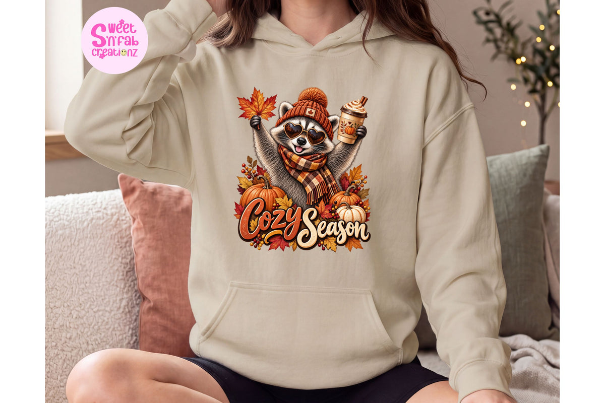 Cozy Season Raccoon Hoodie | Cute Fall Pumpkin Spice Graphic Hoodie