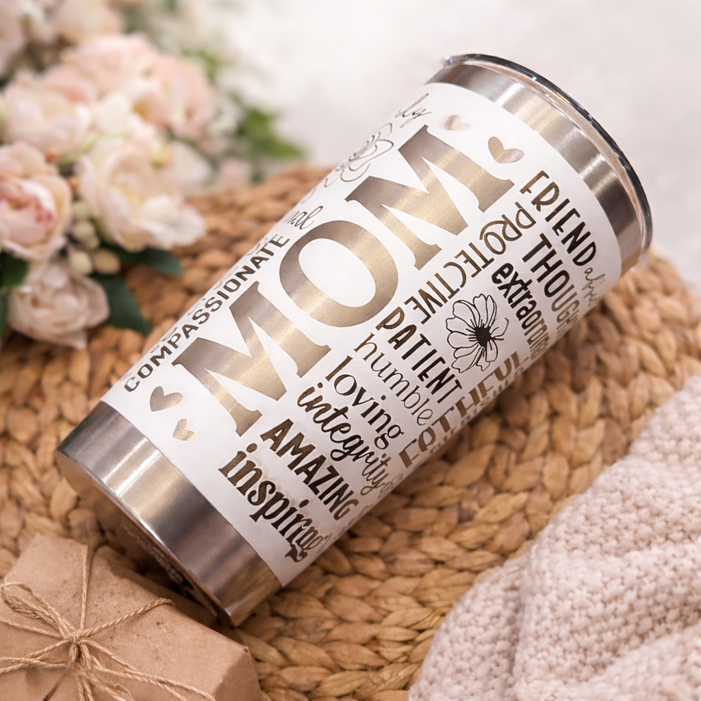 20oz Laser Engraved “Mom” Tumbler – Thoughtful Gift for Mom 💕