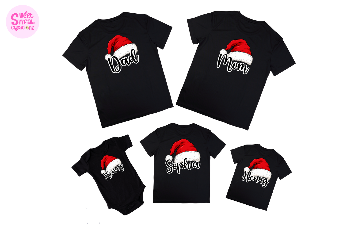 Personalized Family Christmas Shirts, Matching Santa Hat Name Tees, Custom Mom Dad Kids Baby Onesie, Holiday Family Outfit