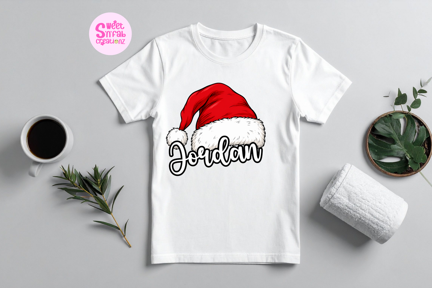 Personalized Family Christmas Shirts, Matching Santa Hat Name Tees, Custom Mom Dad Kids Baby Onesie, Holiday Family Outfit