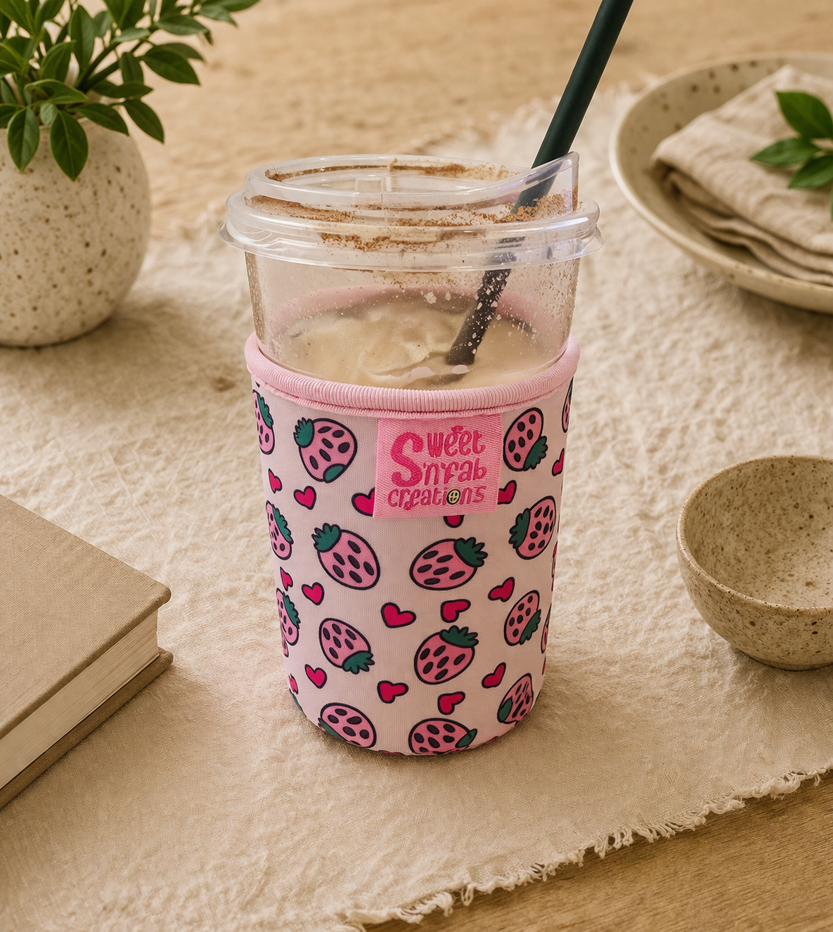 Tumbler with strawberry pattern cozy on a textured surface with plants and bowls in the background