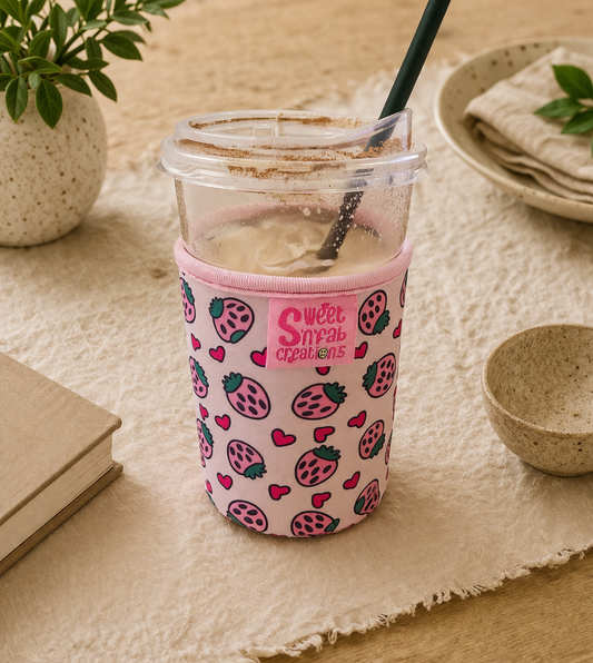 Tumbler with strawberry pattern cozy on a textured surface with plants and bowls in the background